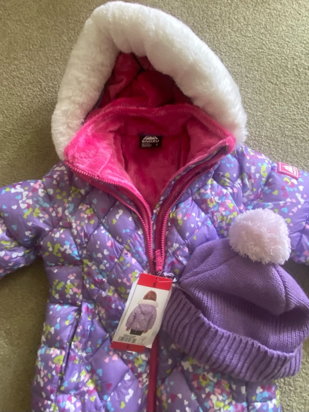 Snozu Purple Heart-Print Puffer Jacket with Pink Lining and White Faux-Fur Hood